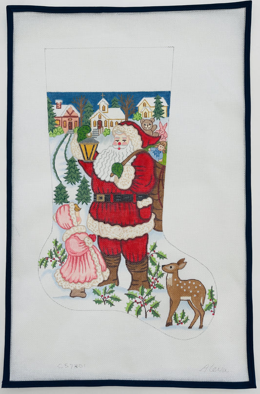 Santa in Village with Little Girl Stocking