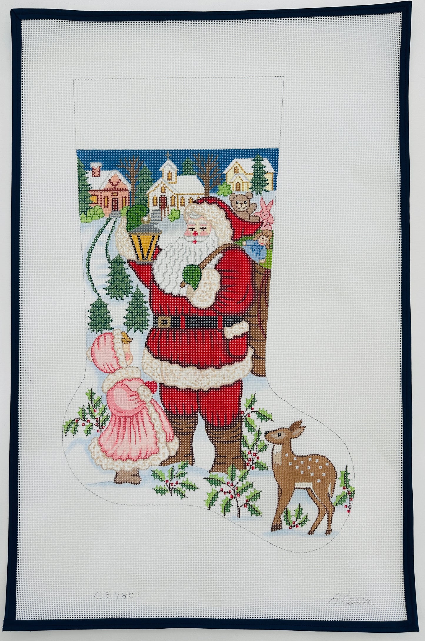 Santa in Village with Little Girl Stocking